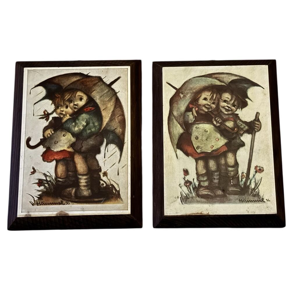 VTG Hummel Wooden Art Plaques (2) Boy and‎ Girl Umbrella Rain Gardening READ